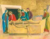 Justin O'Brien, The Entombment (circa 1969), 1969, oil and gold leaf on paper on board