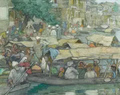 Charles Bartlett, The Floating Barber Shop: Eastern River Scene 1915, 1915, watercolour and pastel on paper