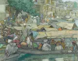 Charles Bartlett, The Floating Barber Shop: Eastern River Scene 1915, 1915, watercolour and pastel on paper