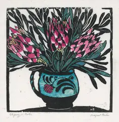 Protea 1925 by Margaret Preston, 1925, hand-coloured woodcut on paper, sold Mar 2015