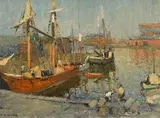 William Dunn Knox, Moored Fishing Boats, oil on canvasboard