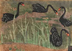 Dorrit Black, Black Swans (1937), 1937, colour linocut on paper