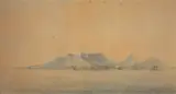 William Bligh, A View of the Cape of Good Hope Taken at Anchor on Board the Vlydt Dutch Packet in Table Bay on my return to England in Decr 1789, 1789, watercolour on paper on card