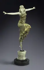 Paul Philippe, Russian Dancer, early 20th century, bronze and ivory, the female dancer with outstretched arms and one leg raised on a circular onyx marble base