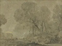 John Glover, (Classical Landscape with Figure Preaching or Teaching) (circa 1820s), ink and wash on paper