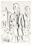 A. R. Penck, Blindnis Elke Baselitz mit Englischer Hose und Papagei (George Baselitz with English Trousers and Parrot), etching on paper