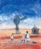 Arthur Boyd, Aboriginal Children and Windmill (1960), 1960, tempera on composition board