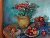 Margaret Olley, Sweet Williams and Apples (1990)
