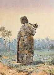 Beatrix Colquhoun, (Aboriginal Mother and Child in Landscape) (circa 1880s), pencil, watercolour and gouache on paper