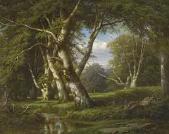 (Beech Trees with Figures) by Peace Sykes, oil on canvas, sold Jul 2014
