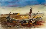 (Landscape with figure) by Russell Drysdale, watercolour and pencil on paper, sold May 2014