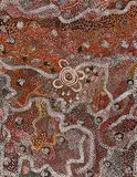 Dingoes watch a Corroboree (1973) by Johnny Warangkula Tjupurrula, 1973, synthetic polymer paint on composition board, offered May 2014