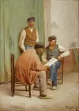 Philippe François Sauvage, Reading the News, oil on panel