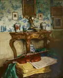 Paul Hugues, Interior Scene with Violin, oil on canvas