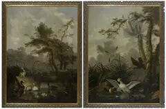 1725-1773 by Jan Augustini, Waterbirds in a Woodend Landscape (1773) oil on canvas signed and inscribed 'J. Augustini Pinx' lower right 221 x 160.5 , offered Apr 2014