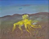 Arthur Boyd, YELLOW NEBUCHADNEZZAR RUNNING IN A HILLY LANDSCAPE (1972), 1972, oil on wood