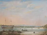 William Light, DISTANT VIEW OF THE LANDING PLACE AND THE IRON STORES AT PORT ADELAIDE, SOUTH AUSTRALIA; VIEW AT YANKALILLA, SOUTH AUSTRALIA; VIEW IN PORT ADELAIDE, SOUTH AUSTRALIA; VIEW NEAR ADELAIDE, SOUTH AUSTRALIA, oil on cedar panels (4)