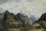 Niels Bjornson Moller, (FIORD AND FIGURES WITH BOATS), oil on composition board