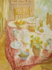 CHILDREN'S TABLE by Jean Appleton, oil on canvas on composition board, sold Oct 2013