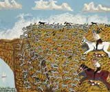 Sam Byrne, RABBIT PLAGUE, RABBIT ROUND UP, MURRAY CLIFFS, OVER THE TOP, oil on composition board