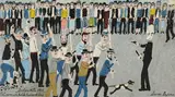 Sam Byrne, BROKEN HILL 1909, POLICEMAN HOLDS RIOTERS AT BAY, 1909, oil on composition board