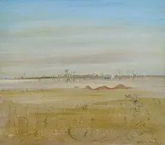 Arthur Boyd, (WIMMERA LANDSCAPE WITH FARM HOUSE), oil on composition board