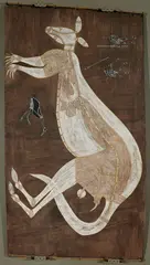 Lofty Bardayal Nadjamerrek, THE BIG PLAINS KANGAROO, KOLOBBARR AND TWO MIMI HUNTERS, WITH AN IBIS (CIRCA 1970s), natural earth pigments on eucalyptus bark