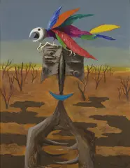Albert Tucker, FAUN ATTACKED BY PARROT 2 1968, 1968, synthetic polymer paint on composition board