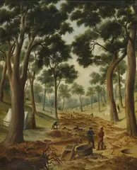 Edwin Stocqueler, DIGGING FOR GOLD ALONG AN OLD CREEK BED 1877, 1877, oil on canvas