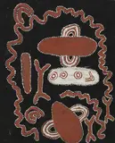 George Tjangala, MEN AND WOMEN AT SNAKE CEREMONY (1971), 1971, natural earth pigments and bondcrete on composition board