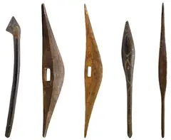 A Collection of Artefacts, SOUTH EAST AUSTRALIA, carved hardwood and pigment