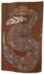Peter Maralwanga, RAINBOW SERPENT AND MIMI (1972), 1972, natural earth pigments on eucalyptus bark
