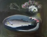 Arthur Boyd, POINTING WOMAN WITH TROUT, oil on canvas
