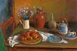 Margaret Olley, BRIOCHE AND PLUMBAGO (1982)