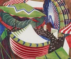 VILLAGE FAIR 1934 by Lill Tschudi, 1934, colour linocut, sold Nov 2012