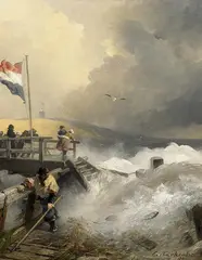 Sturm an der holländischen Küste by Andreas Achenbach, Öl auf Holz, sold Nov 2012