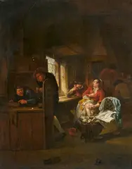 Egbert van Heemskerk, Interieur mit Bauern, Technik: Öl auf Holz