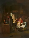 Egbert van Heemskerk, Interieur mit Bauern, Technik: Öl auf Holz