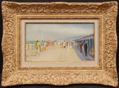 Lucien Adrion, Strandpromenade in Deauville, Technik: Öl auf Karton