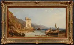 Clarkson Frederick Stanfield, Italienische Küste mit dem Torre Olevola, Technik: Öl auf Karton
