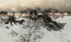 Jaroslav Věšín, Winterliche Schlittenfahrt mit Fasanenjagd, Öl auf Leinwand