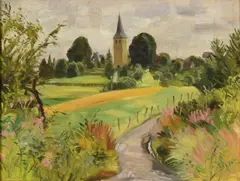 Barthel Gilles, Landschaft mit Kirchturm, Öl auf Hartfaser