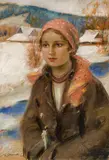 Stanislaw Górski, Mädchen mit rotem Kopftuch, Pastell auf Karton