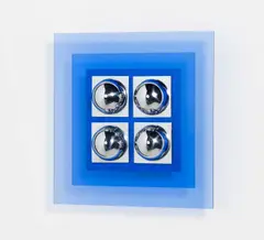 Auktion 329, Los 713 by Hugo Demartini, 1968/1971, Objekt aus geschichtetem blauem Acrylglas mit montierten verchromten Quadraten und Halbkugeln, sold Nov 2013