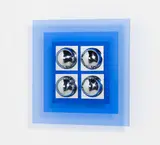 Hugo Demartini, Auktion 329, Los 713, 1968/1971, Objekt aus geschichtetem blauem Acrylglas mit montierten verchromten Quadraten und Halbkugeln
