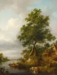 Cornelis Gerritsz Decker, Holländische Flusslandschaft mit Wäscherin am Ufer, Öl auf Holz