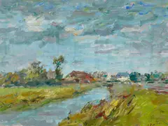Albert Feser, Landschaft mit Stadt im Hintergrund, Öl auf Karton
