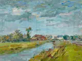 Albert Feser, Landschaft mit Stadt im Hintergrund, Öl auf Karton
