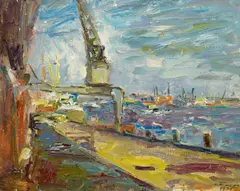 Albert Feser, Ohne Titel (Altona, Hafen), Öl auf Leinwand