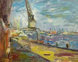 Albert Feser, Ohne Titel (Altona, Hafen), Öl auf Leinwand